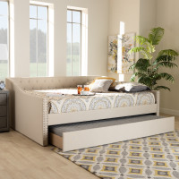Baxton Studio CF9046-Beige-Daybed-F/T Haylie Modern and Contemporary Beige Fabric Upholstered Full Size Daybed with Roll-Out Trundle Bed